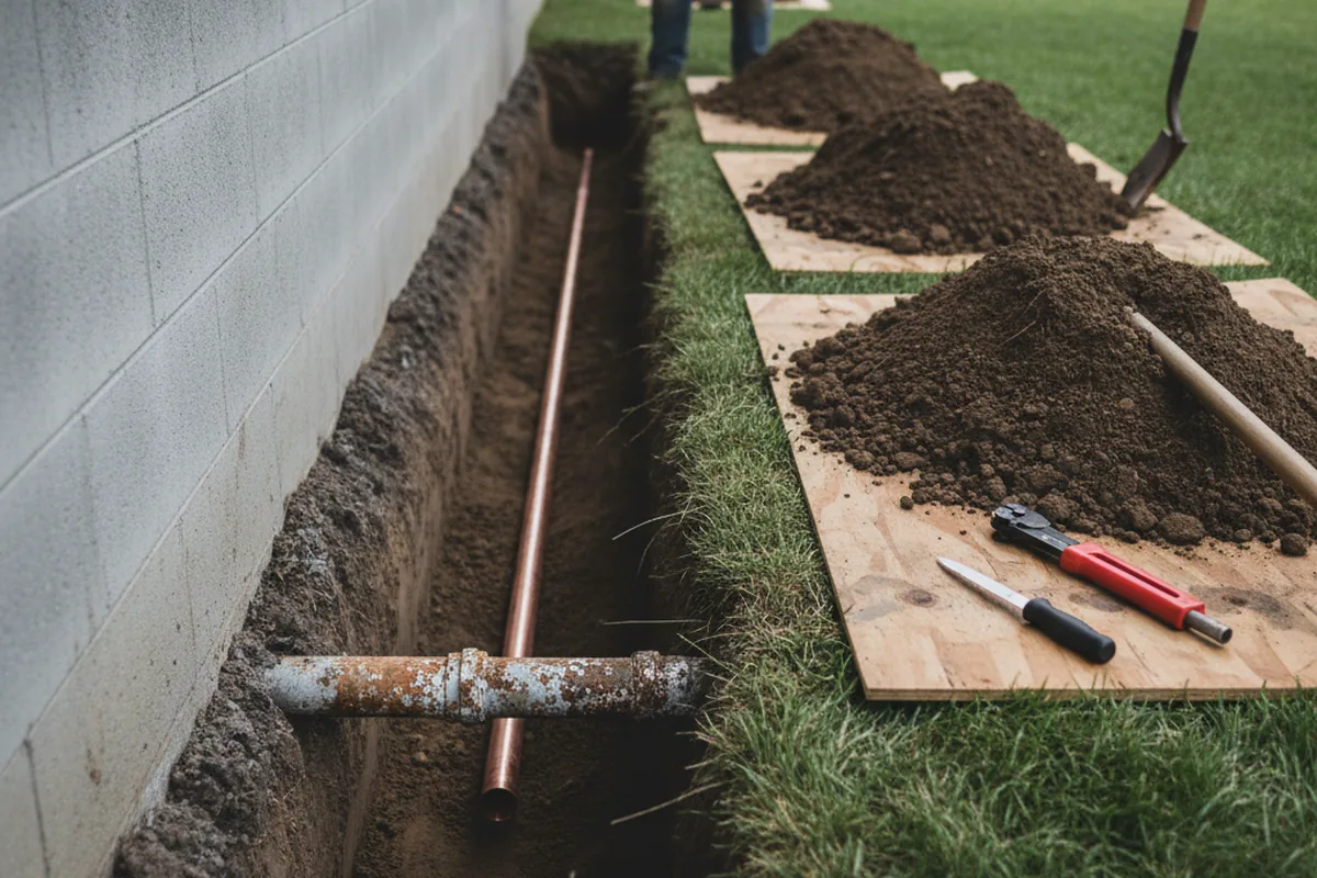 Excavated water line trench during Water Heater Repair in Caledonia